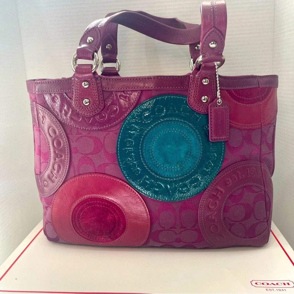 Coach Galaxy Mutlicolor Circle Patchwork Canvas & Leather Shoulder Bag With Box - Picture 1 of 11